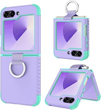BENTOBEN for Samsung Galaxy Z Flip 6 Case, Z Flip 6 Case with Ring, Heavy Duty 2 in 1 Silicone Bumper Rugged Full Body Shockproof Military Grade Protective Covers for Samsung Flip 6, Purple/Mint Green