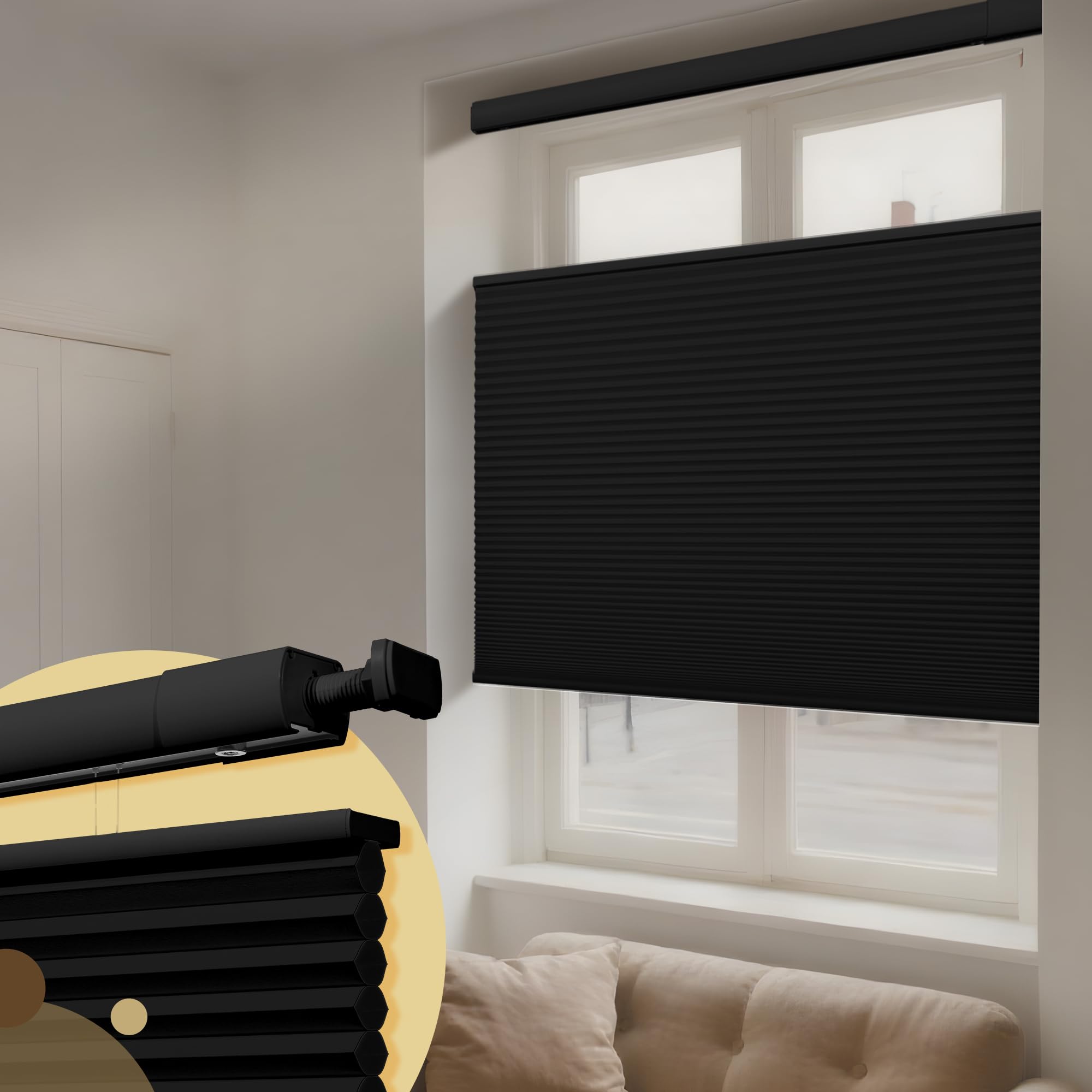 HOTSOON No Drill No Tools Blackout Cellular Shades Top Down Bottom Up Cordless Window Blinds Easy to Install Honeycomb Blinds for Indoor Windows,