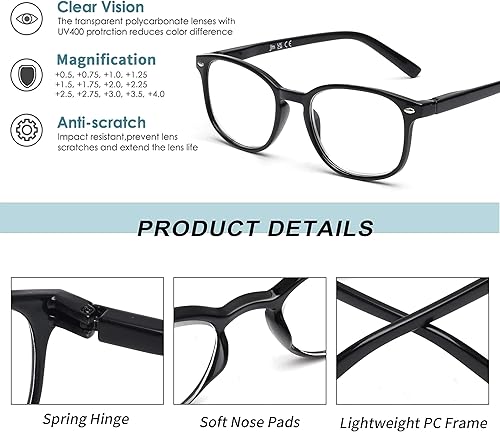 Miniatura 5 de JM Juego de 4 lentes de lectura con bisagra de resorte de calidad, para hombres y mujeres, Paquete de 4 (negro, azul marino, tortuga, tortuga gris)