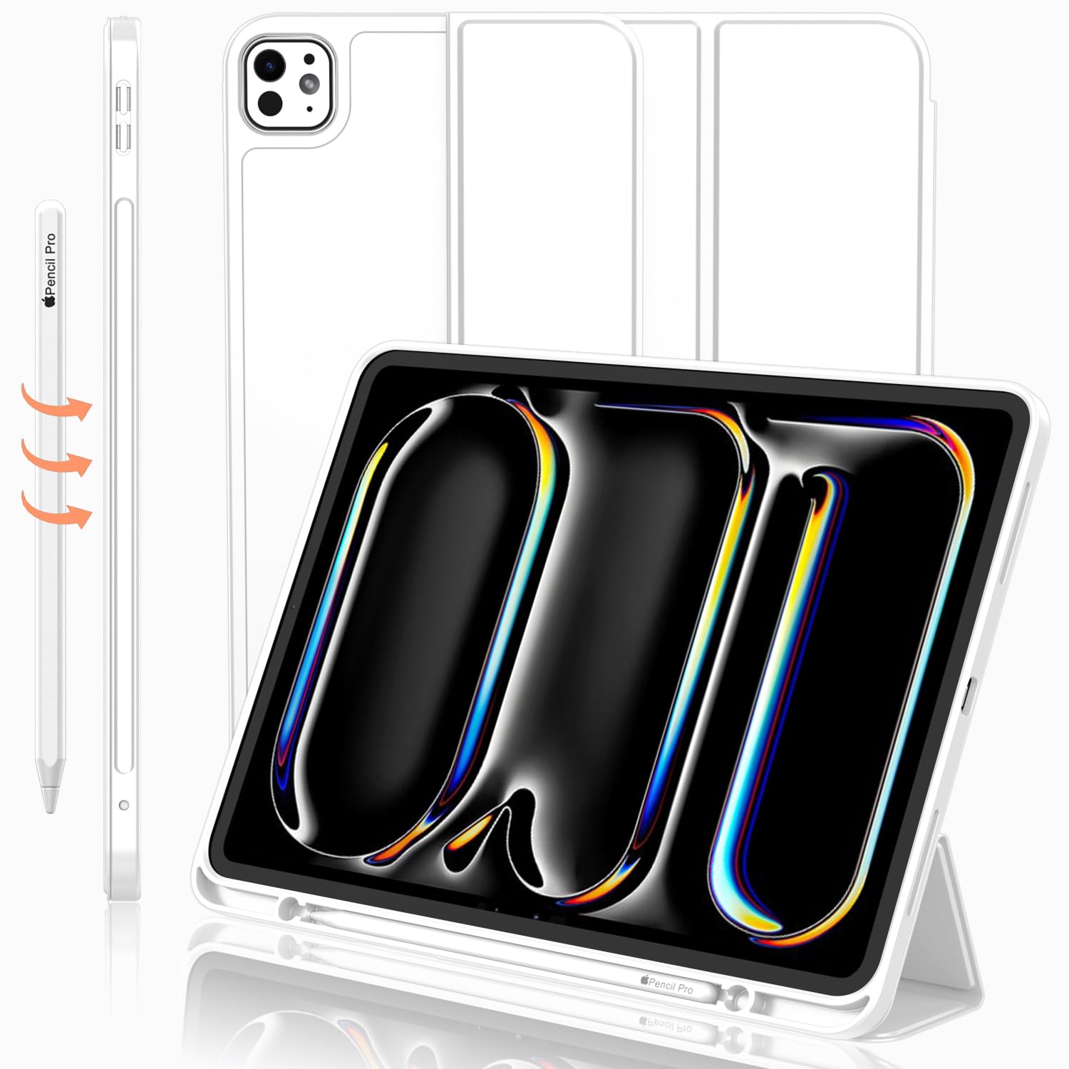 iMieet Case for iPad Pro 11 Inch (M5) 2025 /(M4) 2024 5th Gen, Trifold Stand Smart Cover with Pencil Holder and Soft TPU Back, Auto Wake/Sleep (White)