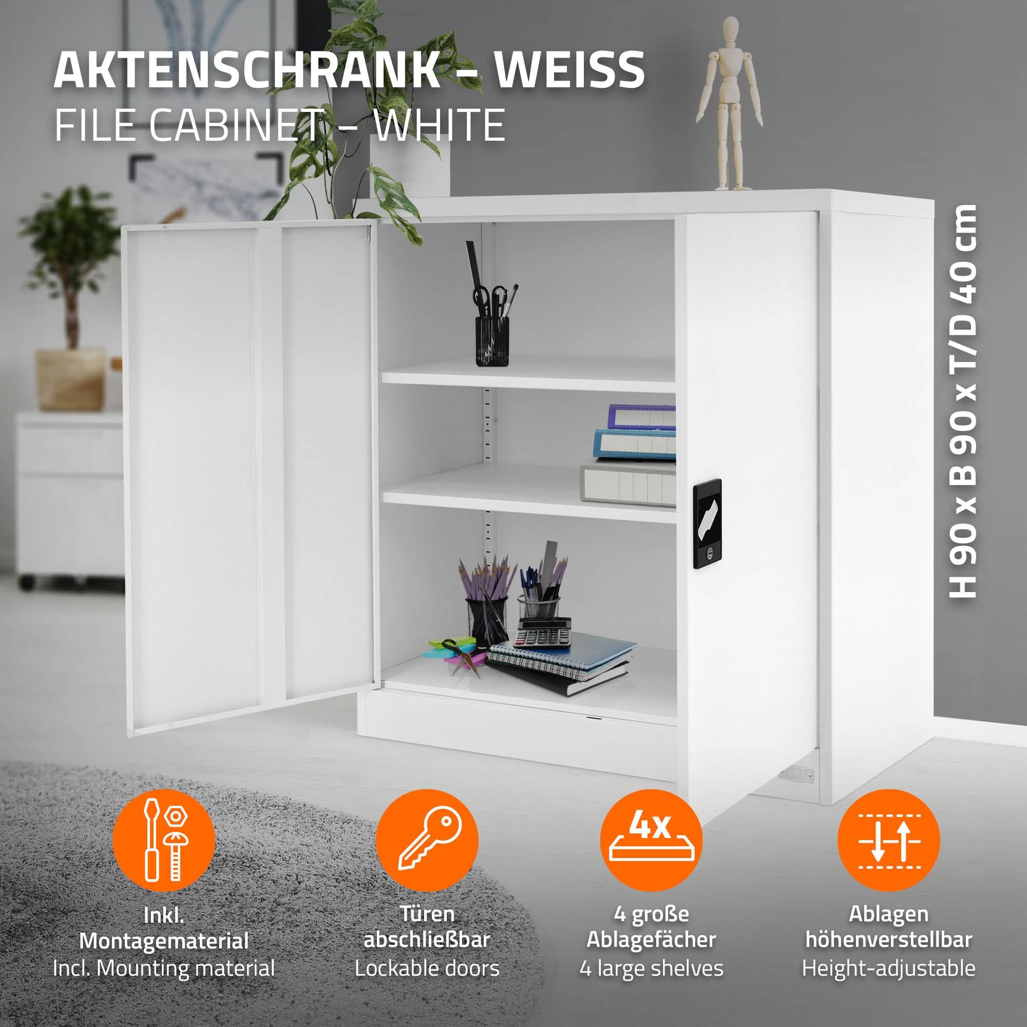 ML-Design Armadio per Archiviazione con Serratura Bianco 90x40x90 cm Acciaio Schedario 2 Ripiani Regolabili in Altezza Armadio per Ufficio a 2 Ante Mobiletto Portadocumenti Armadietto