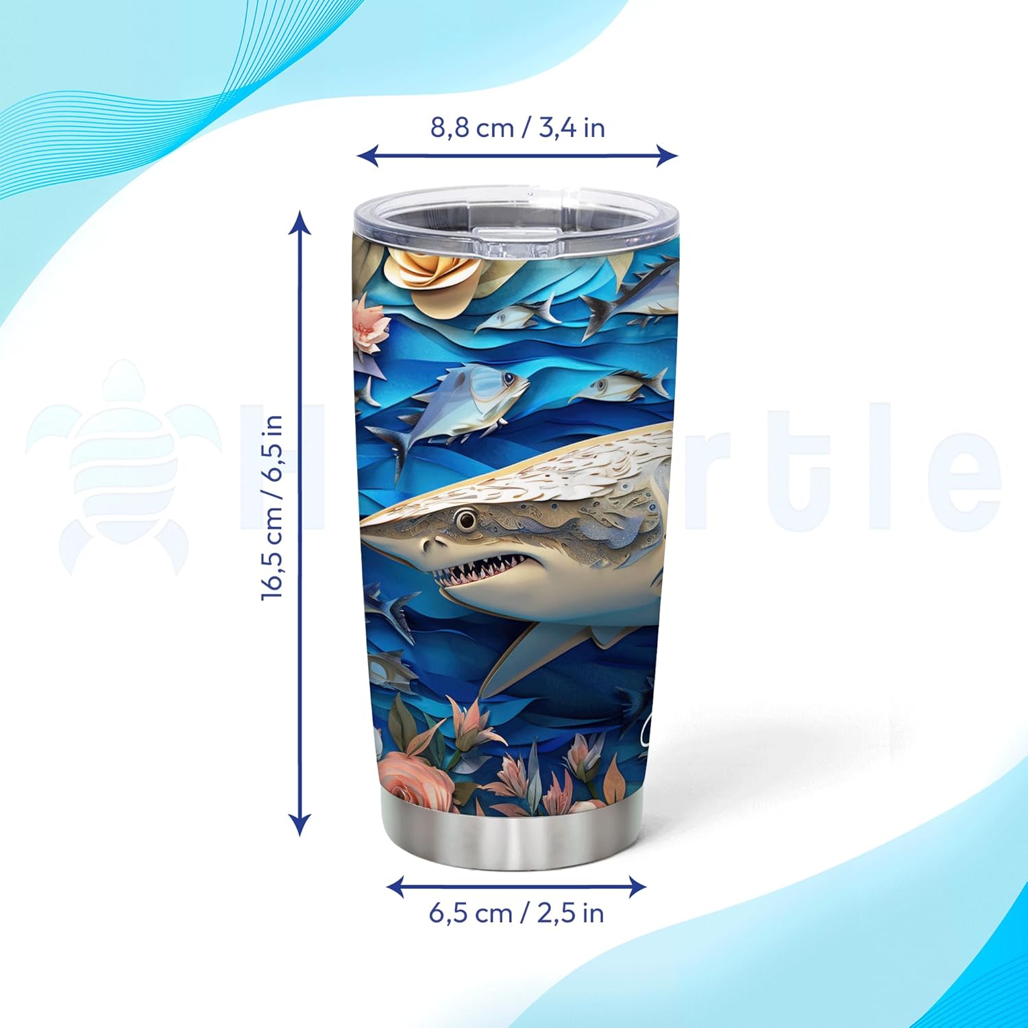 Hyturtle Personalized Gifts Shark Lover - 2D Shark Printed Customized Name Stainless Steel Tumbler 20 oz With Lid - Idea Cute Sea Animal Lover Gifts For Women, Girl, Kids On Birthday, Christmas