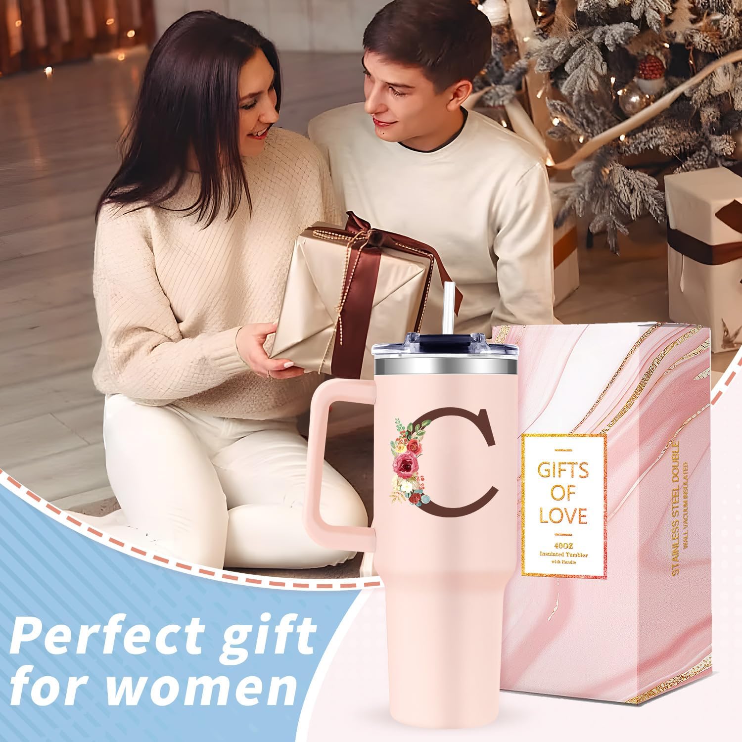 Monogrammed 40oz Tumbler with Handle for Women, Personalized Birthday Gifts for Women,Initial Cups for Woman Floral Letter C,Customized Gifts for Female Lady Gift for Mothers Day Christmas - Image 7