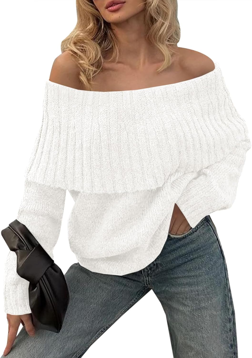 Saodimallsu Womens Off The Shoulder Sweaters Oversized Long Sleeve Loose Ribbed Knit Fall Trendy Pullover Tops - Image 2