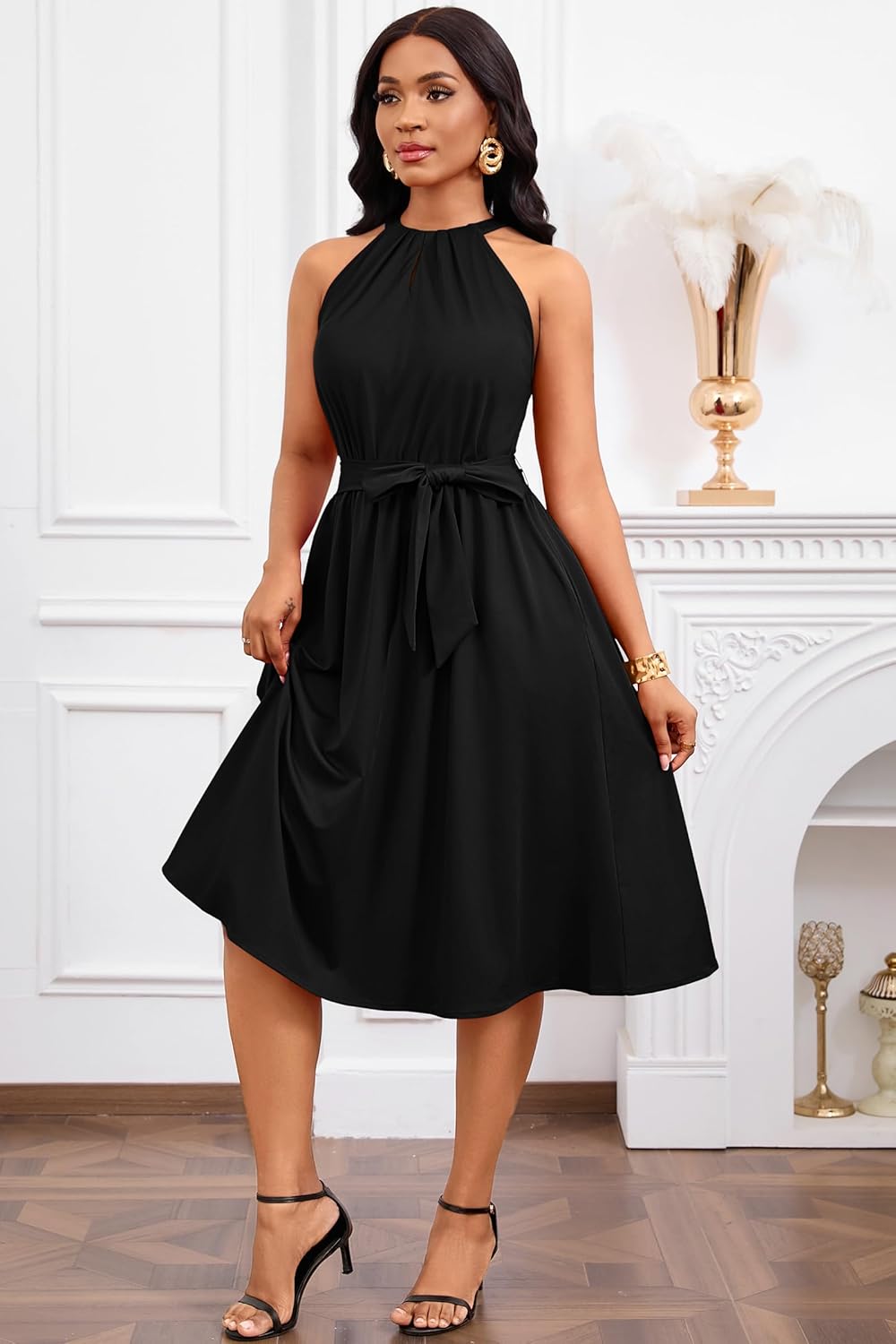 Nmoder Halter Dresses for Women|A-Line Cocktail Wedding Guest Bridesmaid Sleeveless Summer Midi Dress with Belt Pockets - Image 5