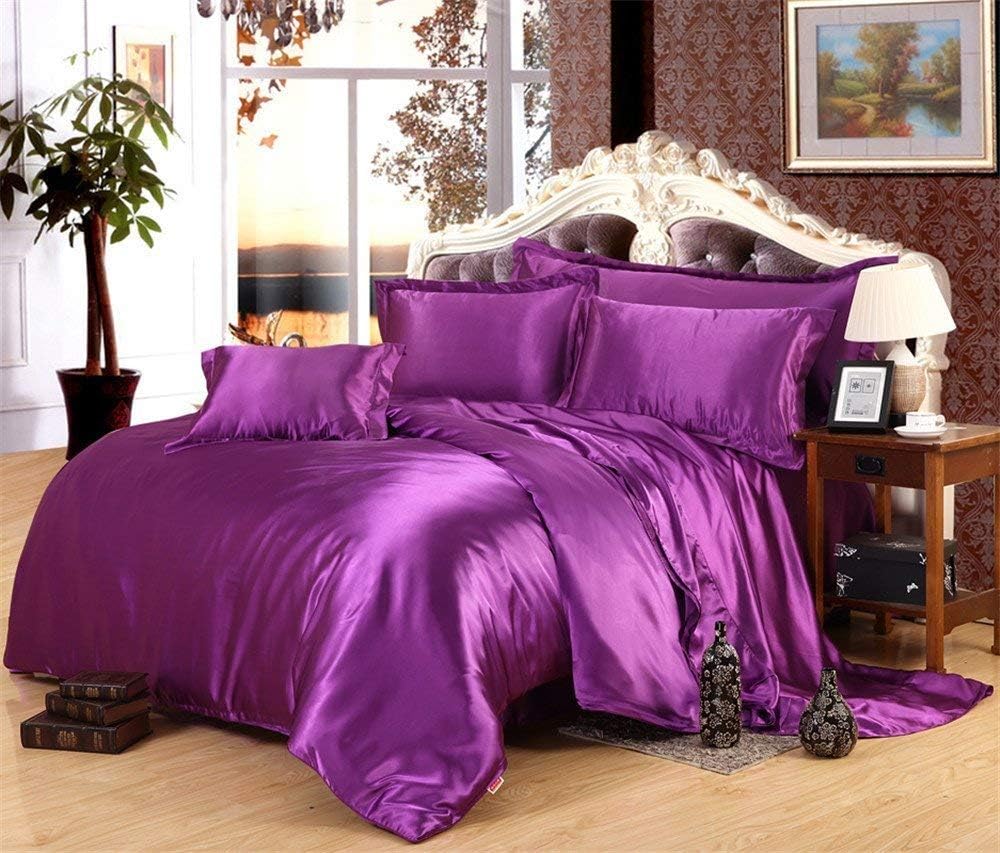 Satin Luxurious & Hotel Quality 4 Pcs (1 Flat + 1 Fitted + 2 Pillow) Sheet Set 100% Pure Silk Solid Color Soft Silky Free Fitted Sheet Straps Fit Up to 8 "Deep Pocket (Full, Violet)