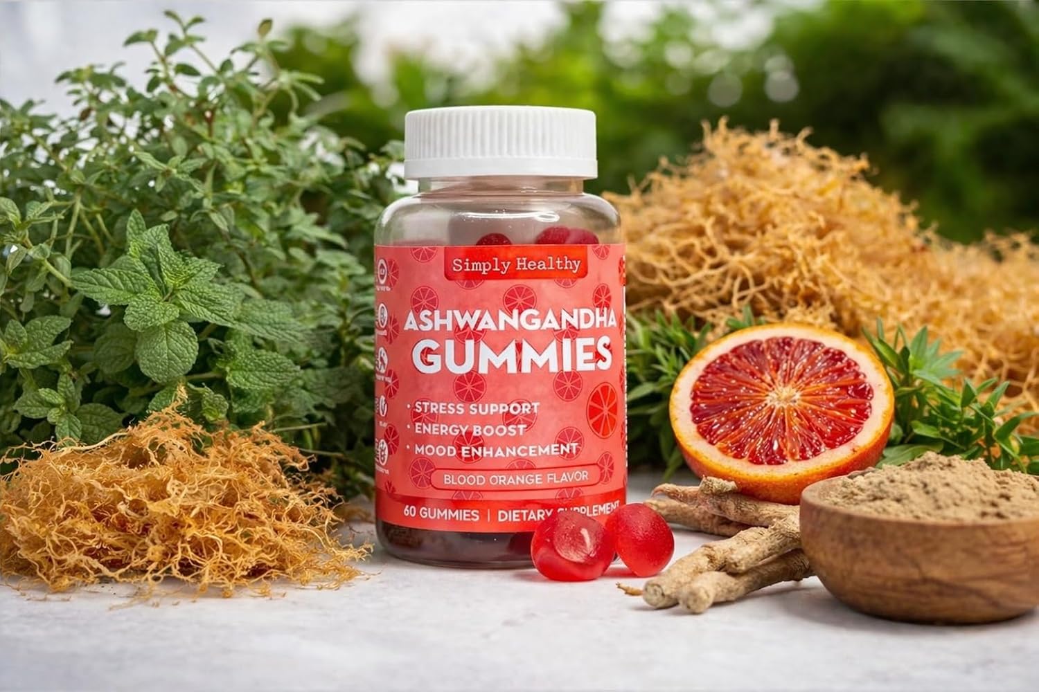 Premium Ashwagandha Gummies, Stress Support with Blood Orange Flavor, Vegan, Easy to Chew, Daily Aid, Energy Booster, Mood Enhancer, for Both Men and Women, 60 Gummies