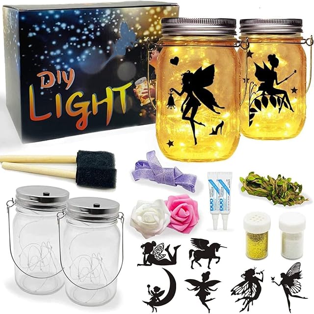 XINRANFF Fairy Lantern Craft Kits for Kids, 2 Packs DIY Make Your Own Fairy Lantern Kit- Arts and Crafts Kits Jar Fairy Light for Bedroom Yard Garden Decor Art Project, Birthday Gift for Girls