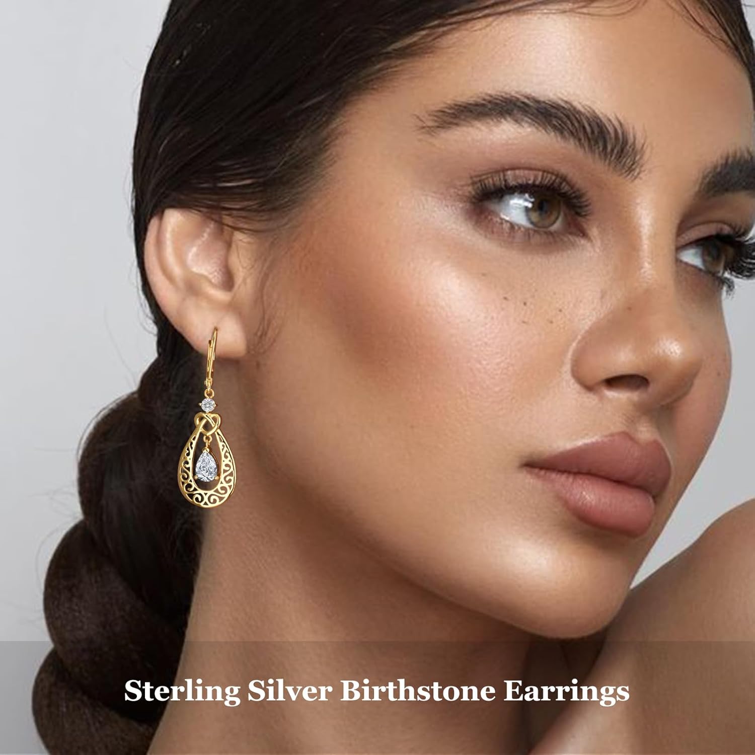 Teardrop Birthstone Dangle Drop Earrings Sterling Silver Infinity Filigree Leverback Earrings, Infinity Love Birthday Anniversary Jewelry Gifts for Her Women Mom Wife