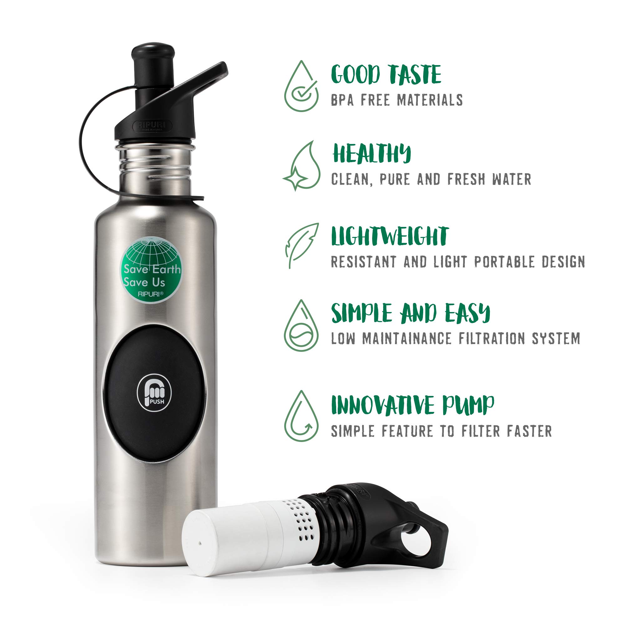 agua filtrada botella con bomba de aire para fácil para beber (incluye 1 filtro + 1 tapa), sin BPA, acero inoxidable, 27 g