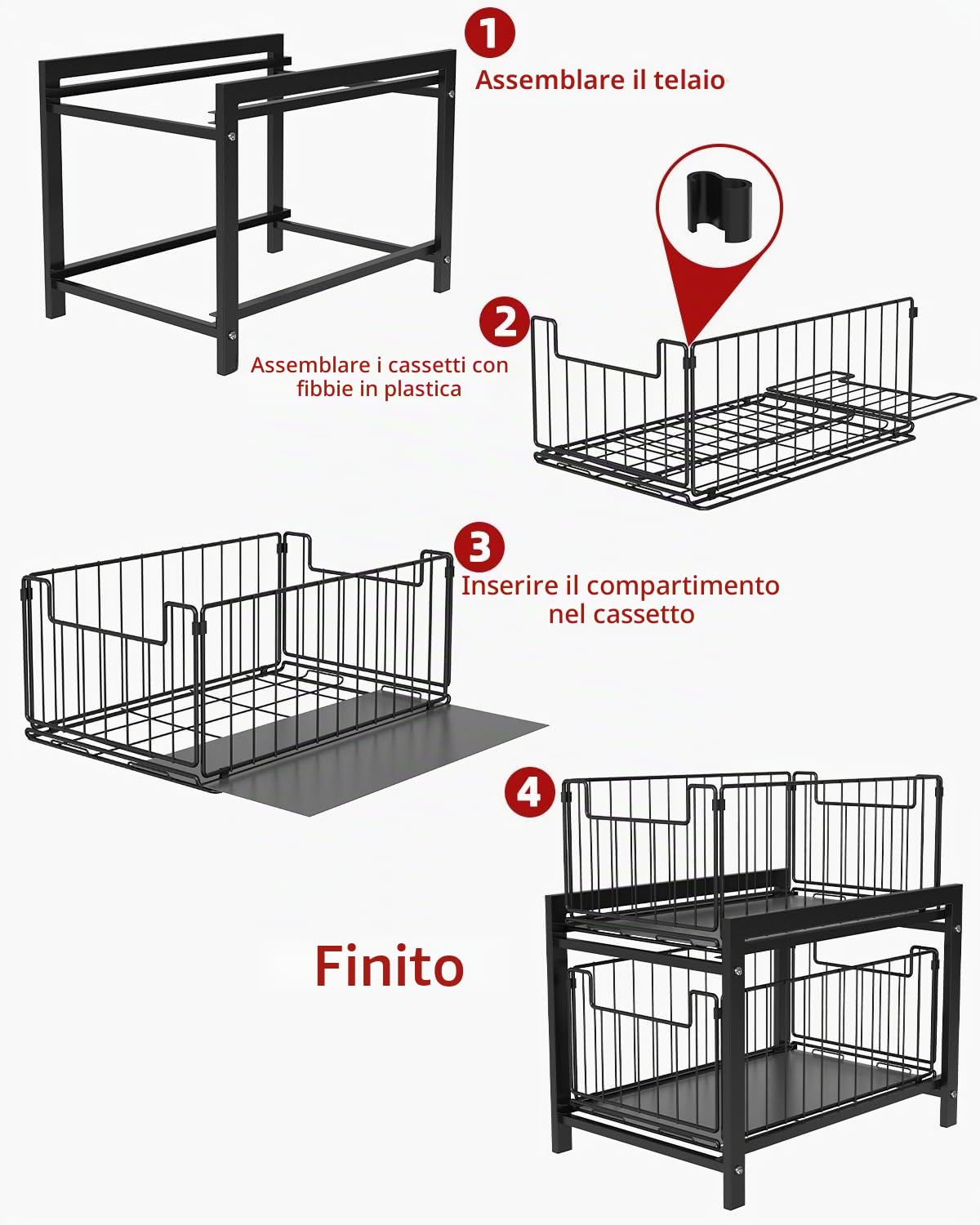 Scaffale Sottolavello Portaoggetti con 2 Cestelli Scorrevoli, Organizer Sottolavello Cucina In Acciaio Inox, Organizer Sotto il Lavello, 2 Livelli Sotto Lavello Cucina Organizer(Nero)