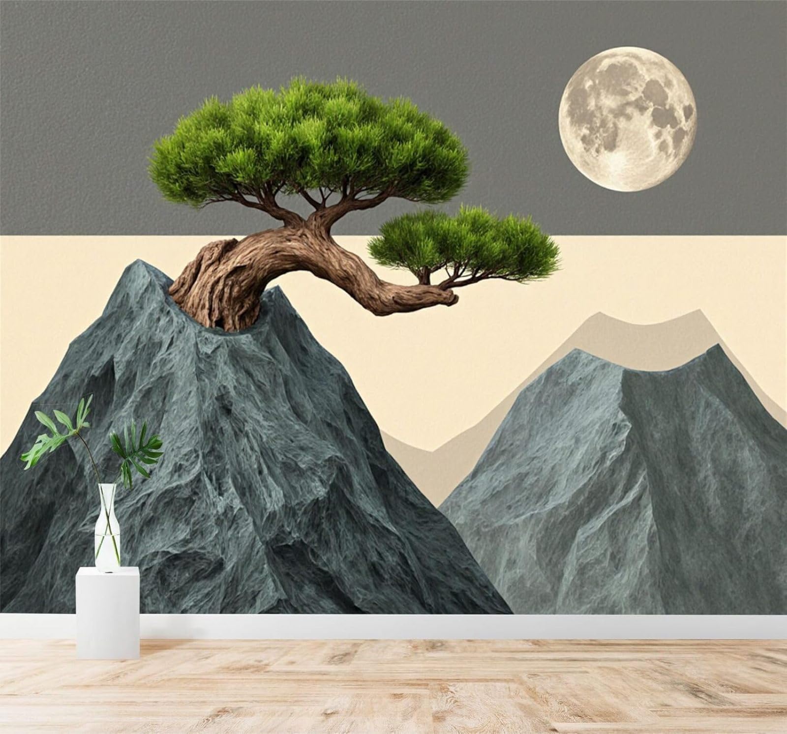 Xlming 400Cm×280Cm(B×H) Three Dimensional Mountain Peak Bonsai Tree Full Moon Minimalist Landscape 3D Wallpaper Premium Textured Silk Study Dining Living Room Bedroom Sofa Tv Wall Easy Install-400Cm×280Cm