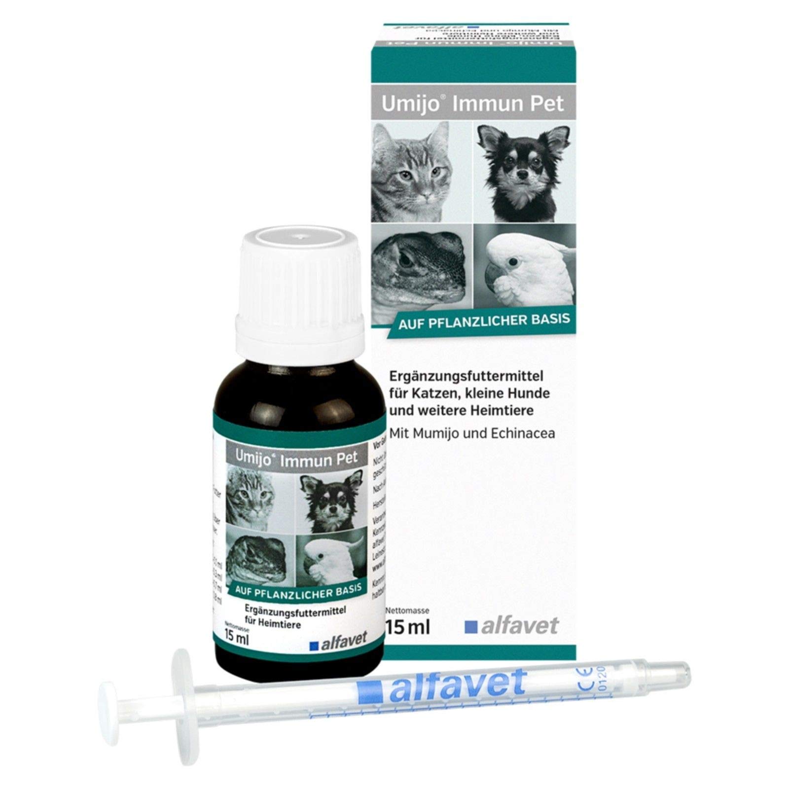 alfavet Umijo Immun Pet Renforcement immunitaire pour Chats et Animaux de Compagnie, complément Alimentaire sans Sucre, 15 ML avec seringue doseuse