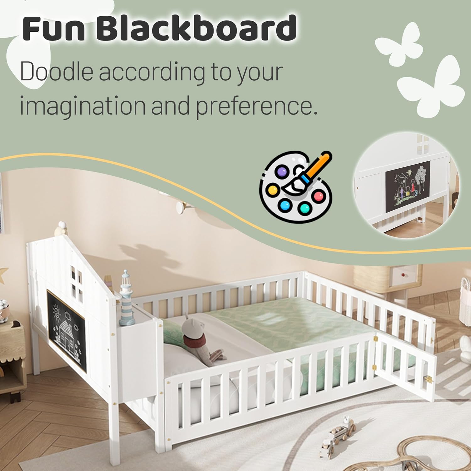 Mirightone Full House Bed with Storage Headboards and Blackboards,Versatile Full Size Platform Beds with Guard Rails,Solid Wood Floor Bed Frame for Kids,White
