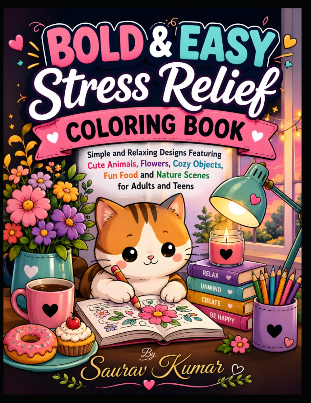 Cozy & Cute Bold Coloring Book: Simple and Relaxing Coloring Pages with Adorable Animals, Flowers, Cozy Objects, and Fun Food