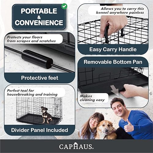 Miniatura 5 de CAPHAUS Perrera plegable de alambre de metal para perros con bandeja a prueba de fugas y patas protectoras y panel divisor, puerta individual o