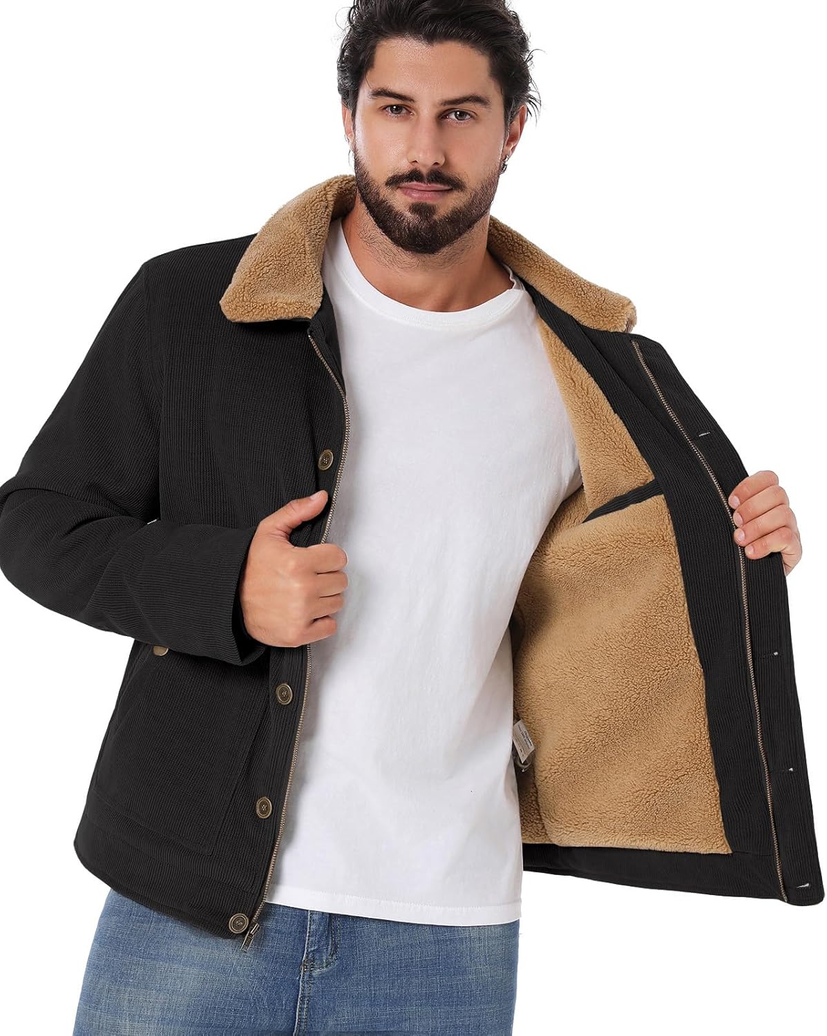CARWORNIC Men's Winter Corduroy Jacket Warm Fleece Lined Work Jacket Casual Sherpa Trucker Coat - Image 4