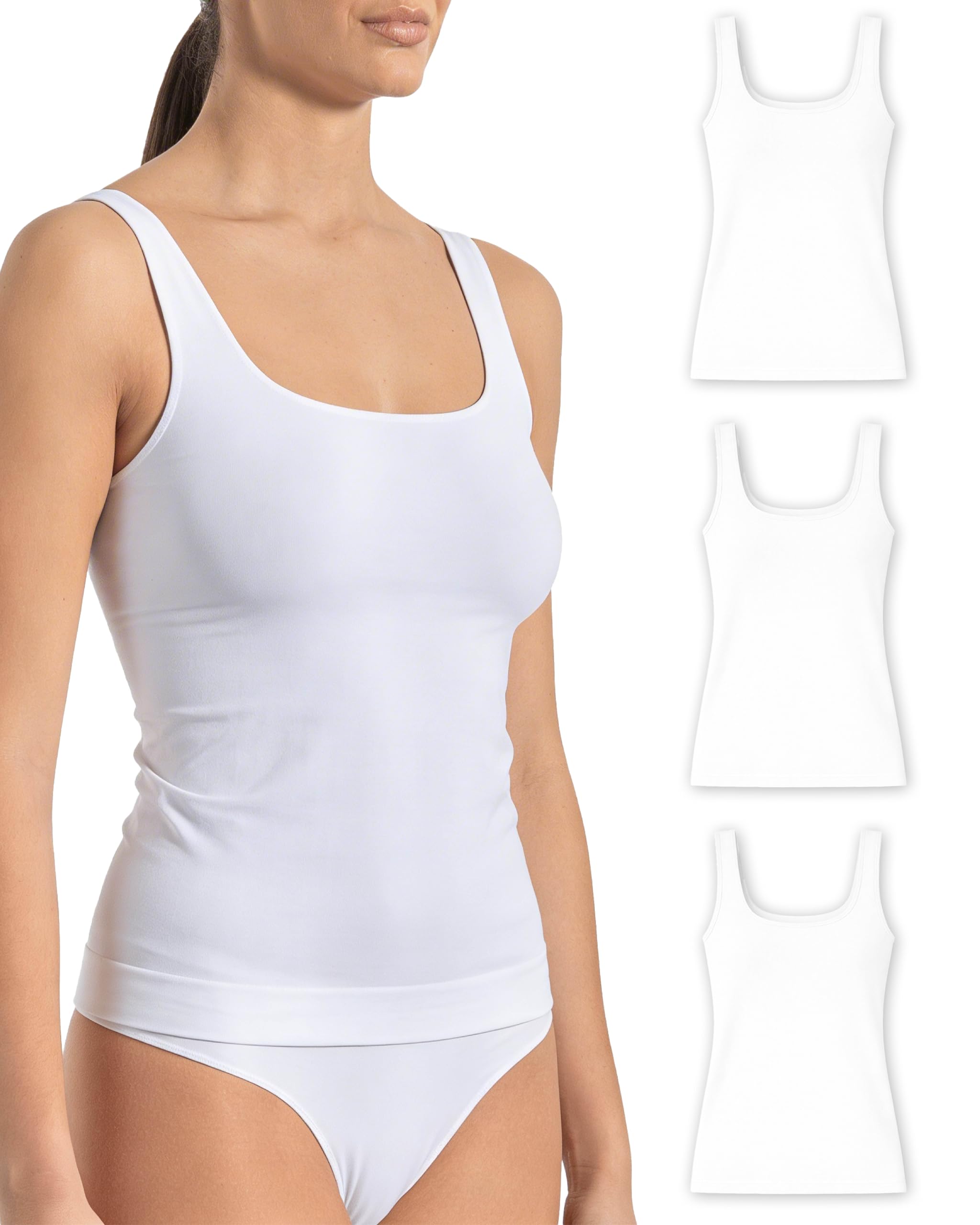 Risalti Women's White White White Tank Tops Microfibre Wide Shoulder 3 Pack - Tops Seamless, Vest Top, Camisole Tops For Elegant, Vests Softer Than Cotton Vests For - Made In Italy