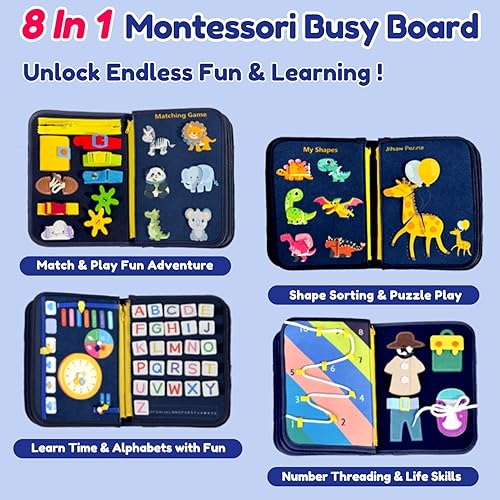 Miniatura 3 de Qizfun Juguetes Montessori de tablero ocupado para niños pequeños, libro sensorial ocupado, juguete educativo de viaje para avión y automóvil,