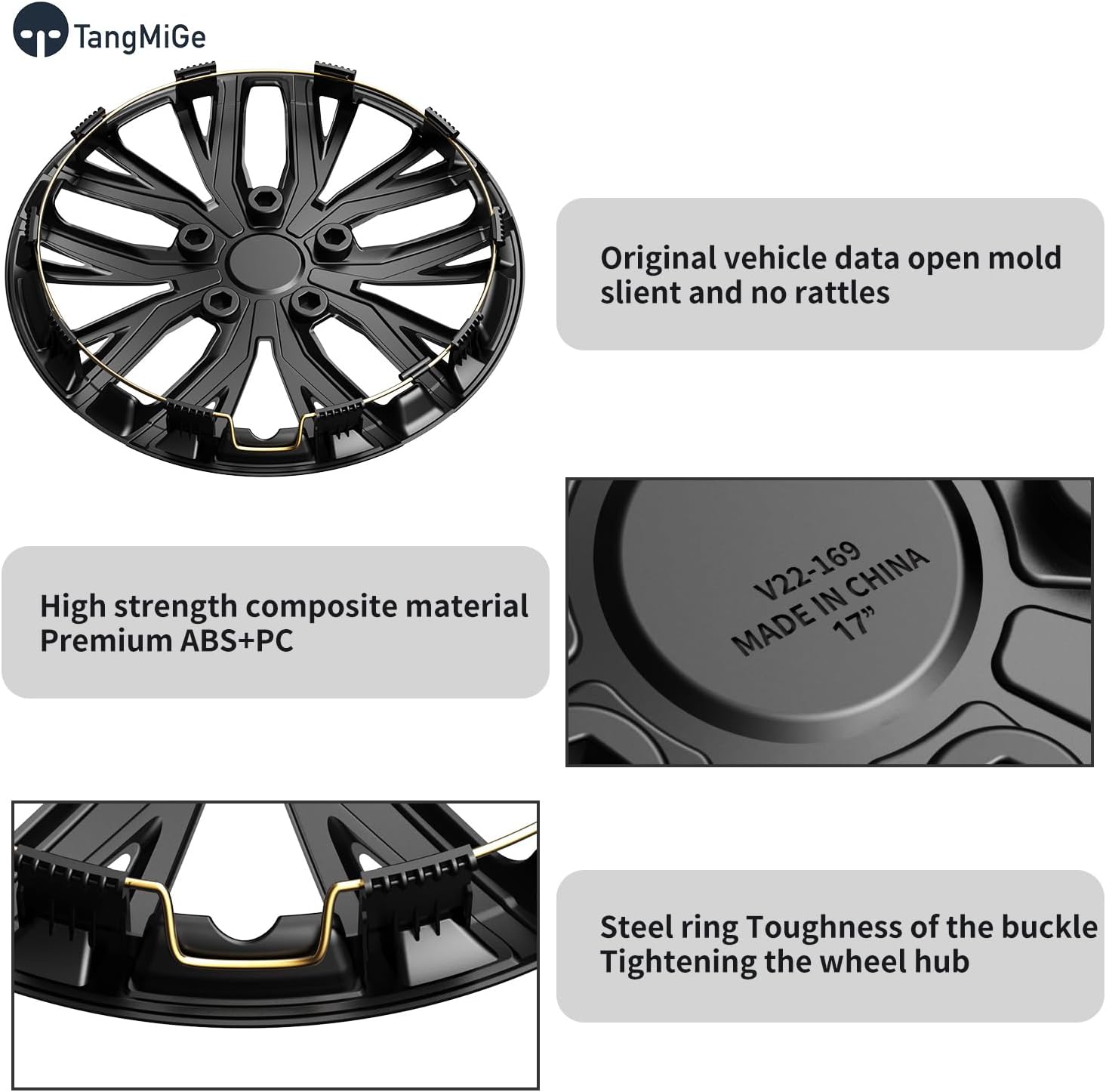 TangMiGe 4 Pack Universal Hubcaps Replacement R17 Wheel Covers, Steel Wheel Rim Cover for Most Cars Sedans SUV Trucks, 17" 17 in inch Hub Caps (Silver+Black Color, 17 inch)