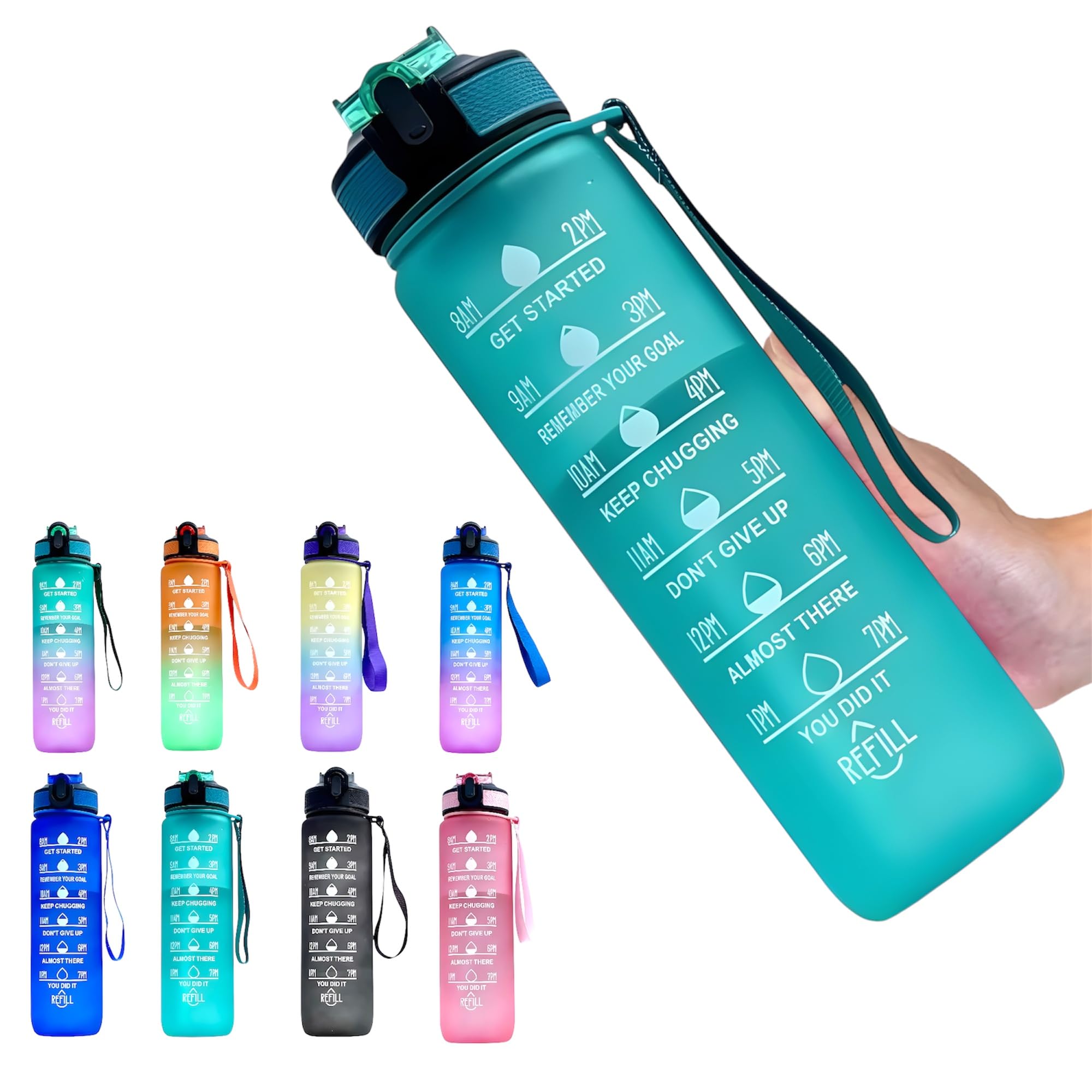 Water Bottle with Straw – Leakproof & BPA-Free | Time Marker for Daily Motivation | Ideal for Gym, Office, Cycling, School, Outdoor Fitness 1Liter (32oz) (Green)