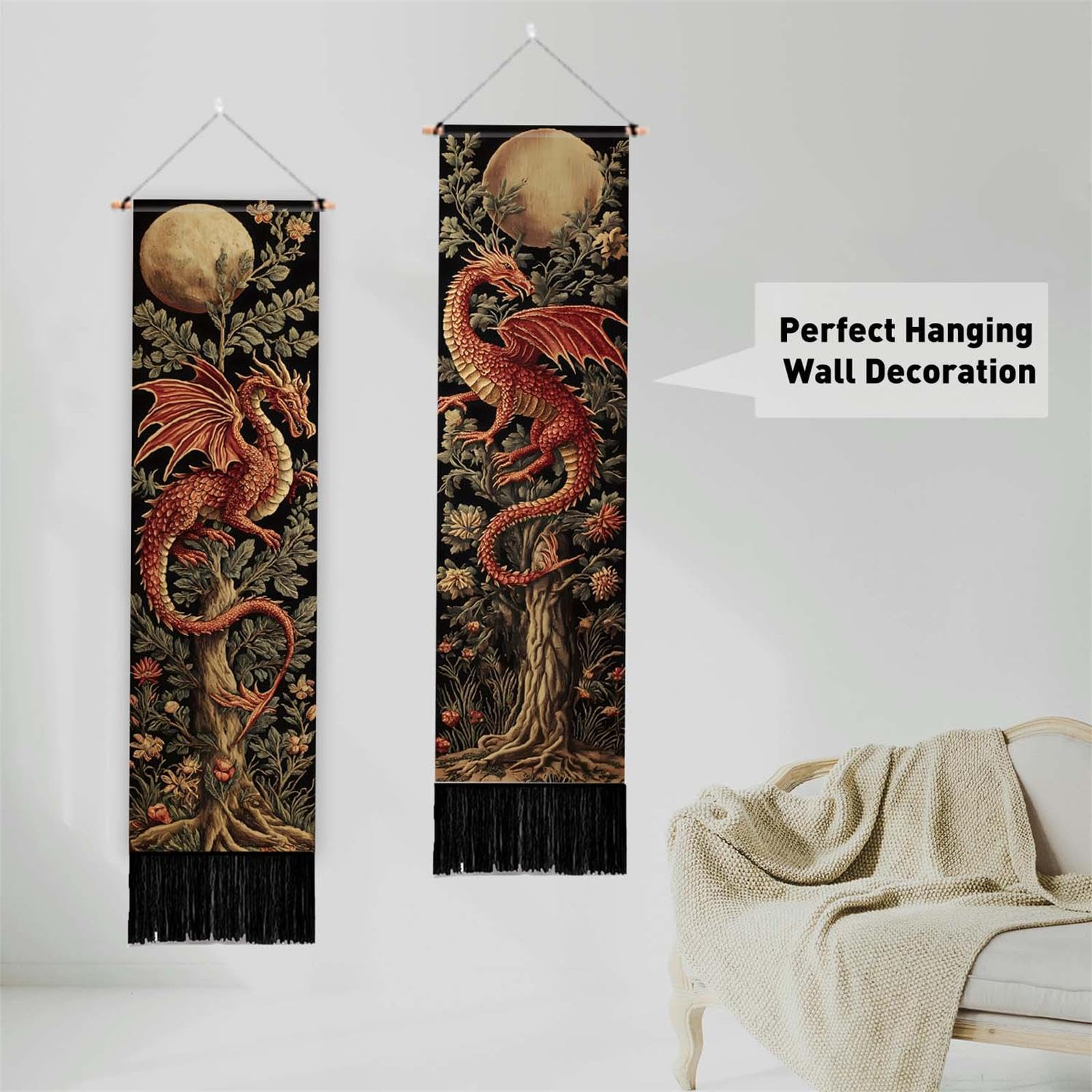 PLIGREAT 2er Pack Ästhetischer Drachen Wandteppich Mittelalterlicher Gewebter Wandbehang Mit Baummotiv Und Quasten Wandteppich Mit Mondblättern Für Schlafzimmer Wohnzimmer Heimdekor