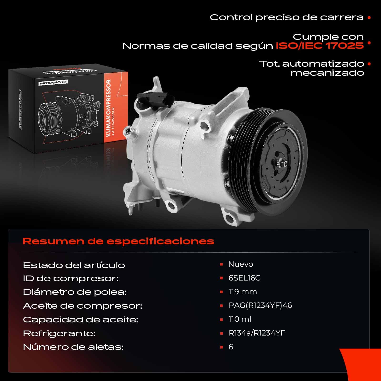 Frankberg Compresor de aire acondicionado Compresor de aire acondicionado con embrague Compatible con 308 (CC/SW) I 3008 Berlingo C4 I/II DS4 DS5 5008 Partner Replace# 9659875580, aceite premezclado