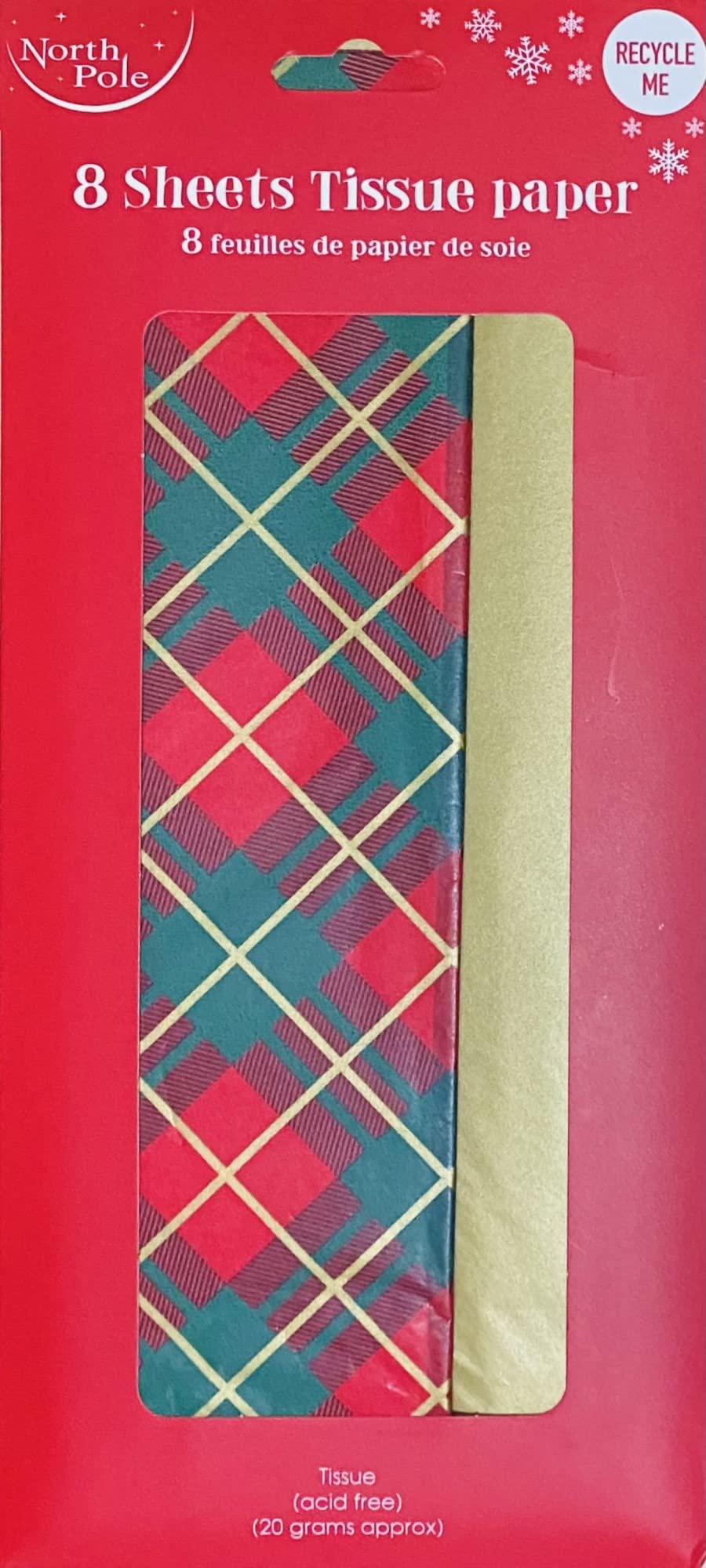 Kam Labelz Red Green Plaid/ Gold Christmas Tissue Paper Gift Wrapping, Assorted Traditional Festive Xmas Designs| Recyclable Eco Friendly Wrapping For Delicate Items (/Gold)