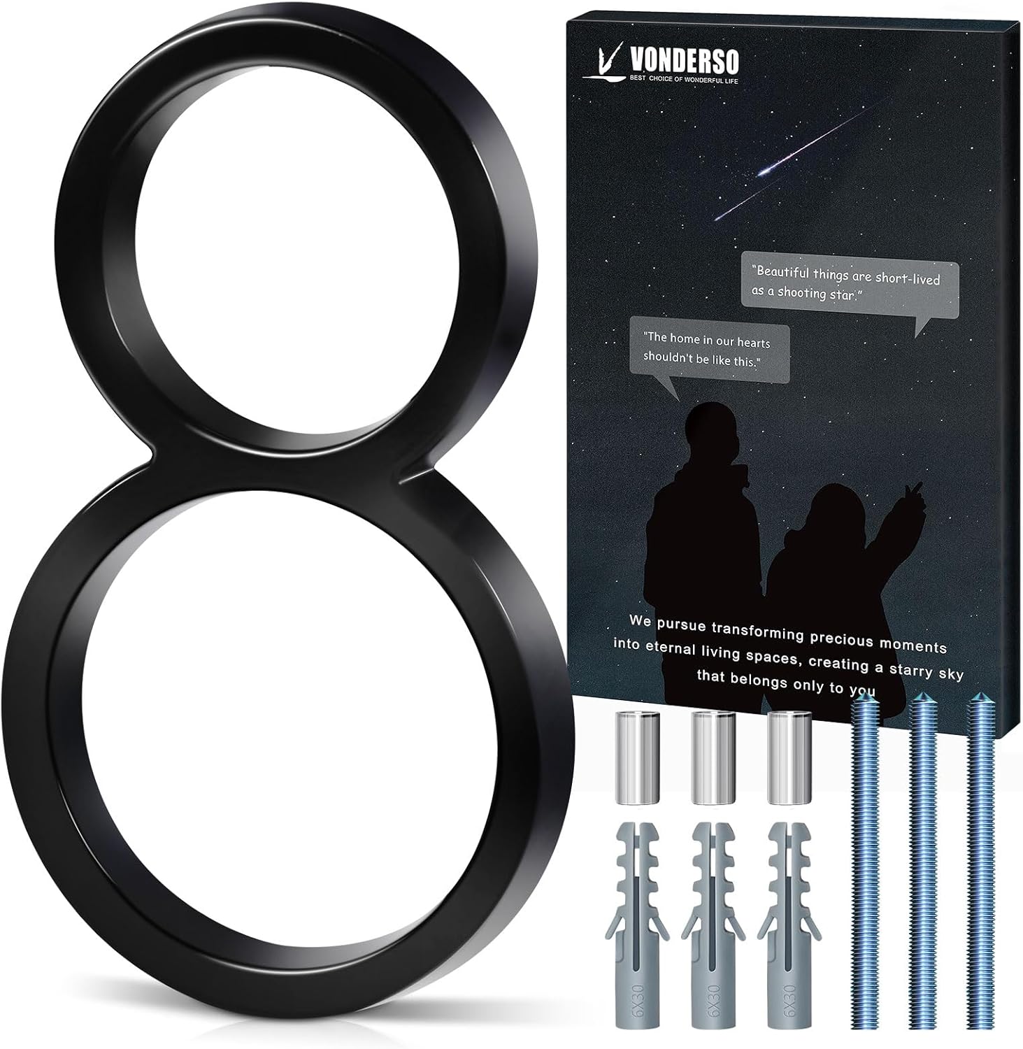 VONDERSO 6 Inch Floating House Numbers for Outside,Modern Black Metal Address Number 8,Durable Weather-Resistant Powder Coated Finish,No Fading(Glossy Black)