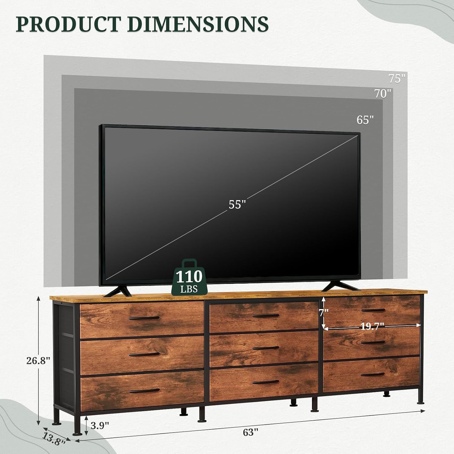 TV Stand, 9 Fabric Drawers Dresser Entertainment Center for TV up to 75 inch Wooden Media Console Table Storage Organizer for Living Room, Bedroom, Brown