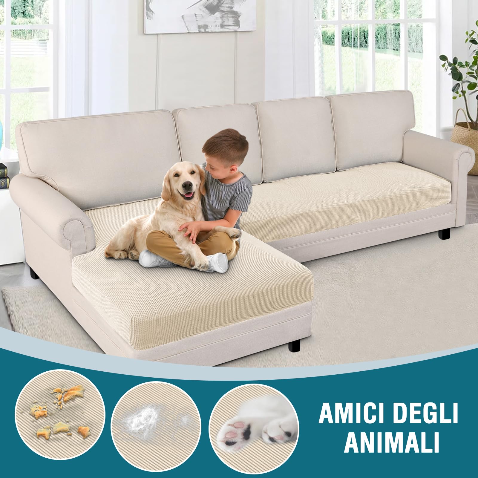 BellaHills Copridivano con Penisola Elasticizzato A Sinistra Destra, Fodere Copridivano Angolare, Copridivano Antigraffio Gatto Chaise Sofa Cover a Forma di L (3 Posto + Chaiselongue, Naturale)