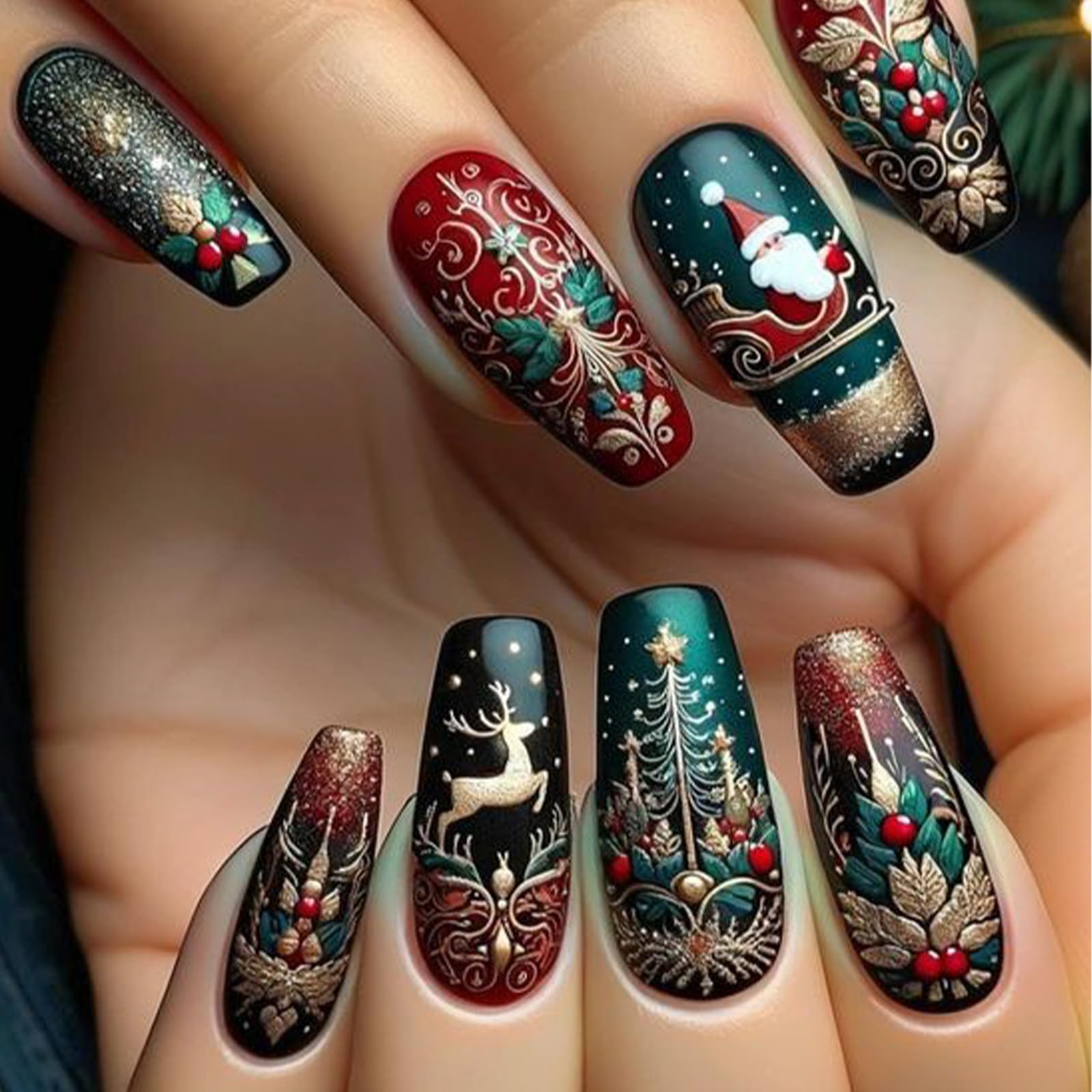 Photo 1 of Christmas Press on Nails Luxurious Fake Nail Design with Reindeer Santa Claus Christmas Tree Christmas Gift Packaging Winter Medium False Nails for Women Girls Holiday Manicure 24pcs