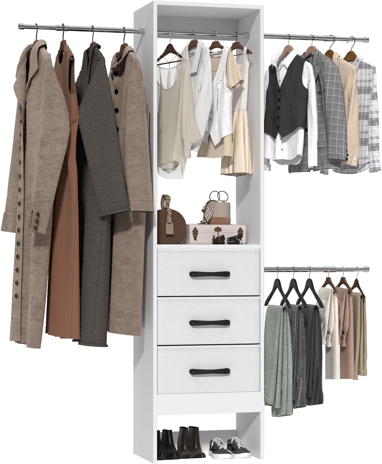 Wall-Mounted Closet Organizer System with 3 Drawers & 3 Hanging Rods – Open Walk-in Wardrobe with Reversible Design for Bedroom Clothing Storage