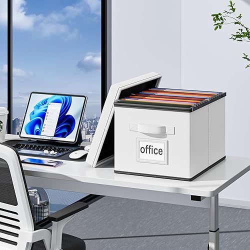Miniatura 2 de Huolewa Cajas organizadoras de archivos mejoradas con tapas, plegable de piel sintética para colgar carpetas de archivos con tobogán de plástico,