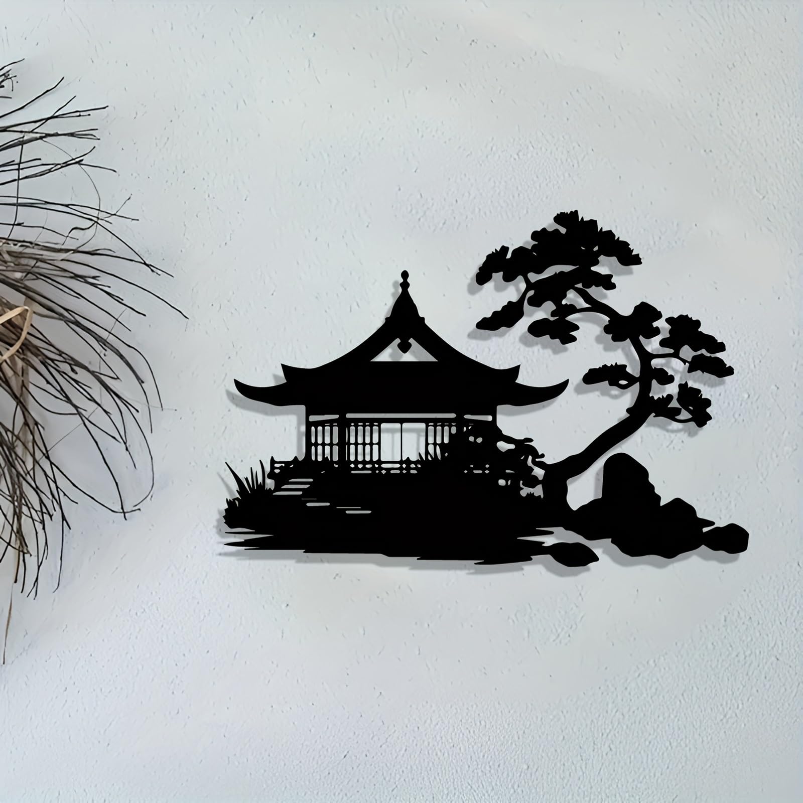 Decoración de pared abstracta contemporánea de metal con puerta Torii japonesa y árbol de pino bonsái - Hierro tradicional para uso interior/exterior, jardín zen, patio, sala de estar, para colga