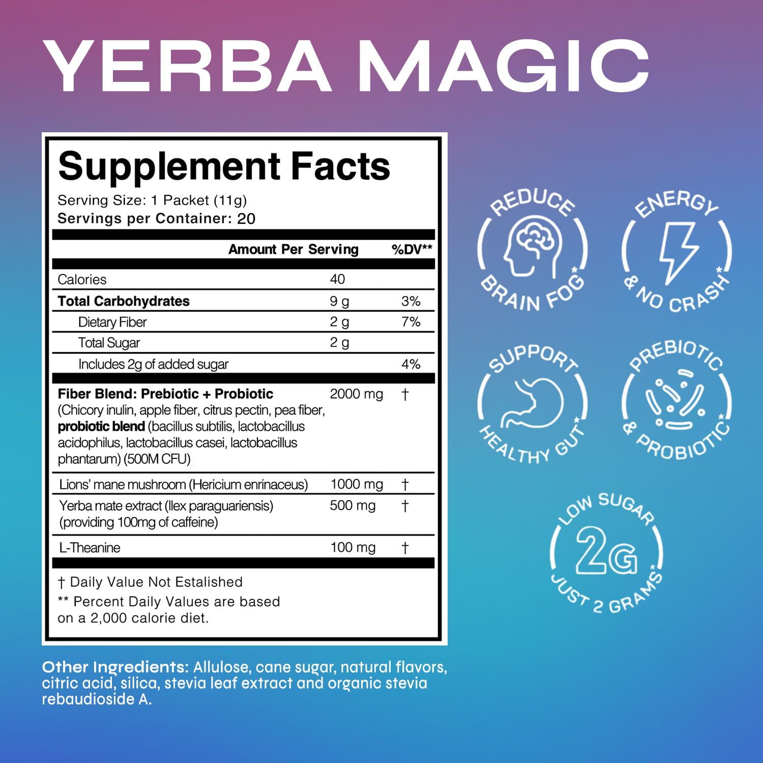 Yerba Magic Yerba Mate Powder Packets - Instant Clean Energy & Focus Drink Mix for Gut Health - Nootropic Blend with Lion’s Mane, L-Theanine, Prebiotics & Probiotics - Low Sugar Natural Caffeine - Peach Mango, 20 Sticks - Image 2