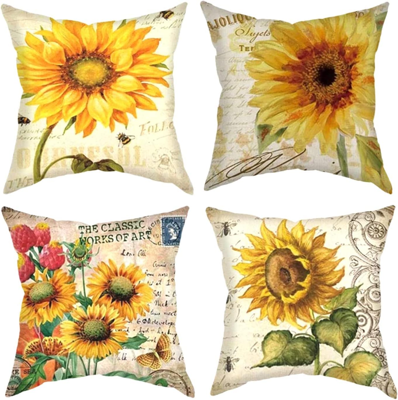 XIECCX Summer Throw Pillow Covers Set of 4 Outdoor Pillowcases Sunflower Home Decorative Pillows for Couch Sofa Bed Breathable Linen with Hidden Zipper 16x16Inch