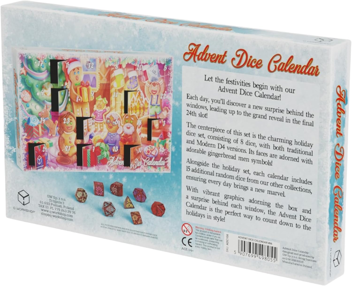 Q Workshop Advent Dice Calendar 2025 | 24-Day Holiday Dice Countdown with Exclusive 8-Piece Christmas Dice Set + 15 Random Dice