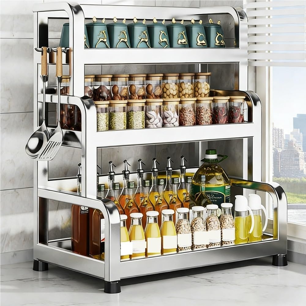 3 Tier Stainless Steel Spice Rack with 2 Hooks, Kitchen Countertop Organizer, Open Shelving Seasoning Organizer, Large Capacity Shelves for Kitchen, Bathroom, Garage(52cm/20.5in)