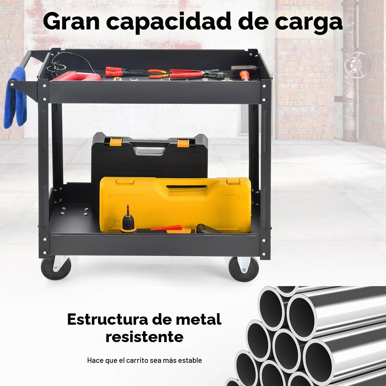 GOPLUS carro de Herramientas Multifuncional de 2 Niveles, Metal, Carga 50 kg por Nivel, Asa, Taller, Garaje, Cocina, Jardín (Negro)