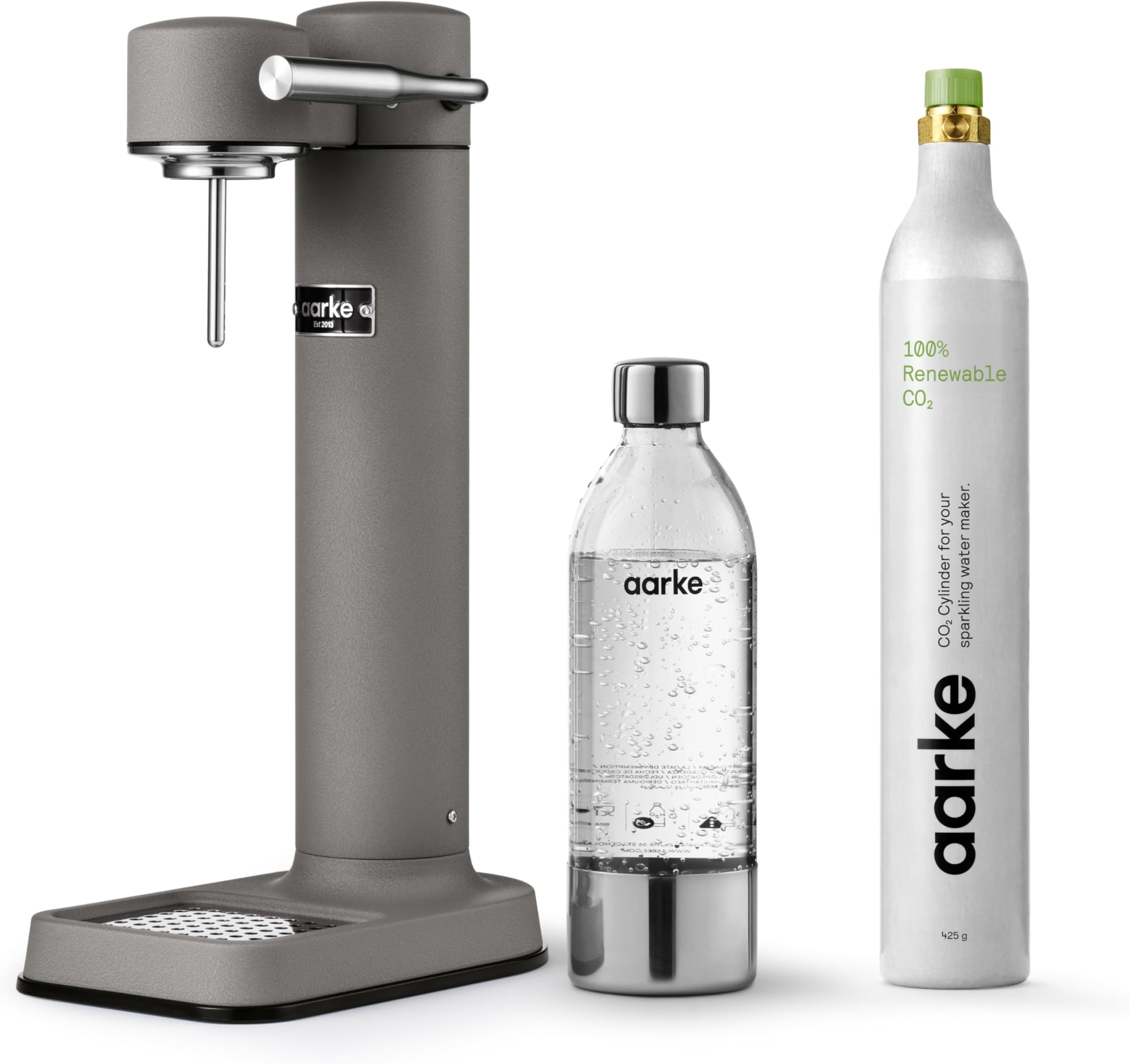 Aarke Carbonator lll with CO2 Cylinder, Sparkling & Carbonation Water Machine, Stainless Steel with PET BPA-Free Reusable Bottle Volume 1L/34 fl oz (Matte Grey)