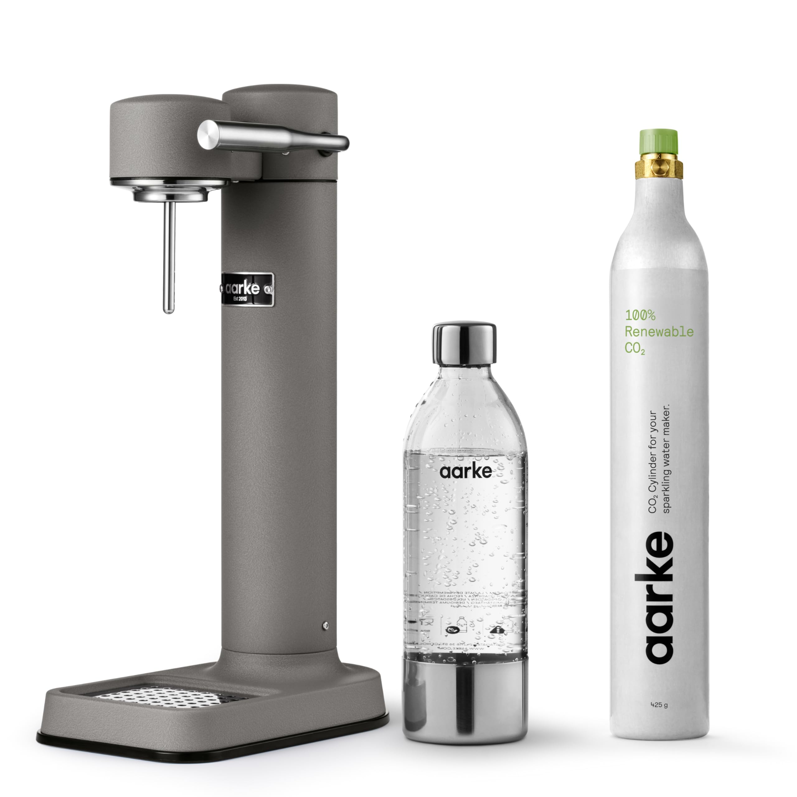 Aarke Carbonator lll with CO2 Cylinder, Sparkling & Carbonation Water Machine, Stainless Steel with PET BPA-Free Reusable Bottle Volume 1L/34 fl oz (Matte Grey)
