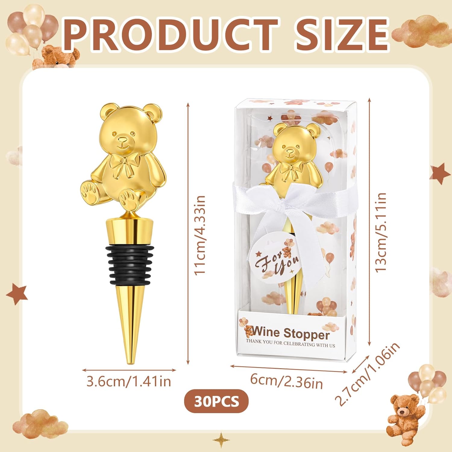 30PCS Bear Wine Stoppers for Baby Shower Wedding Bridal Shower Bear Party Favors Gifts for Guests Souvenir Decorations Keepsakes for Guests (Gold Bear)