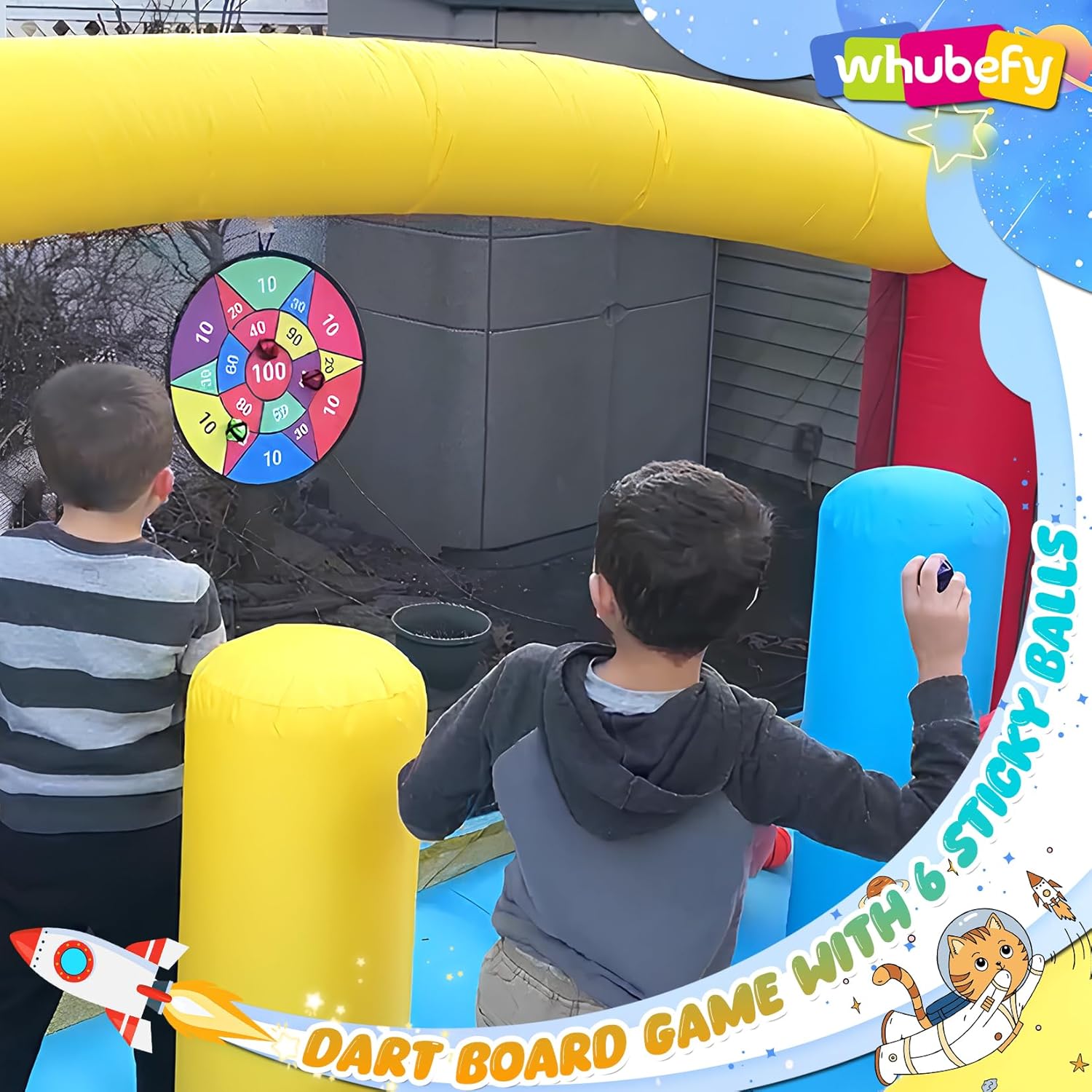 Whubefy Inflatable Bounce House Double Slide for Big Kids 3-6 8-12 with 3 Punching Bag Large Space Rocket Blow Up Bouncy Castle Obstacle Course 13.1x11.2x7.1ft w/Blower Indoor Outdoor Fun