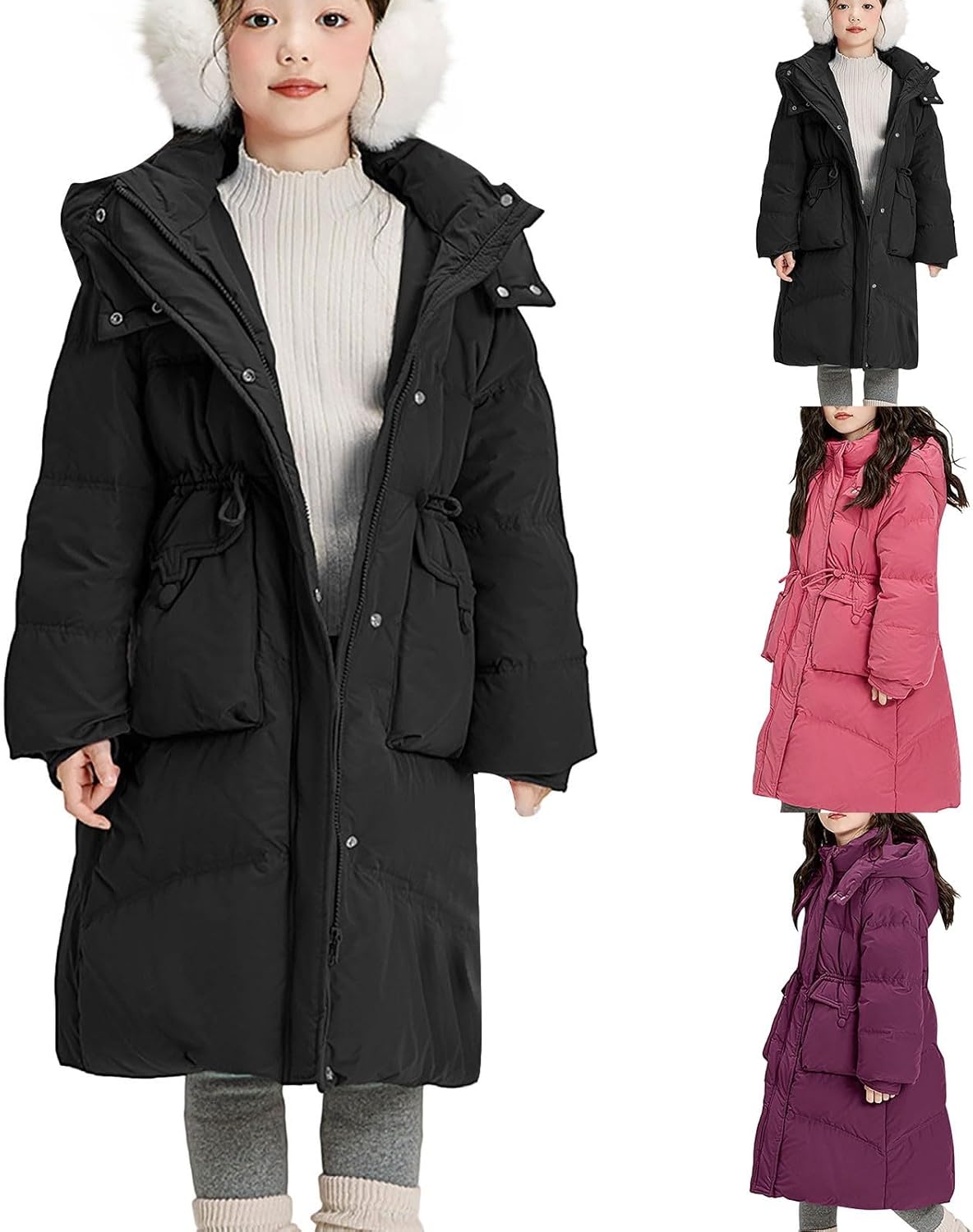 Mid Length Puffer Jacket for Kids Girls Hooded Zip Up Lightweight Padded Down Coat Teen Winter Warm Outerwear