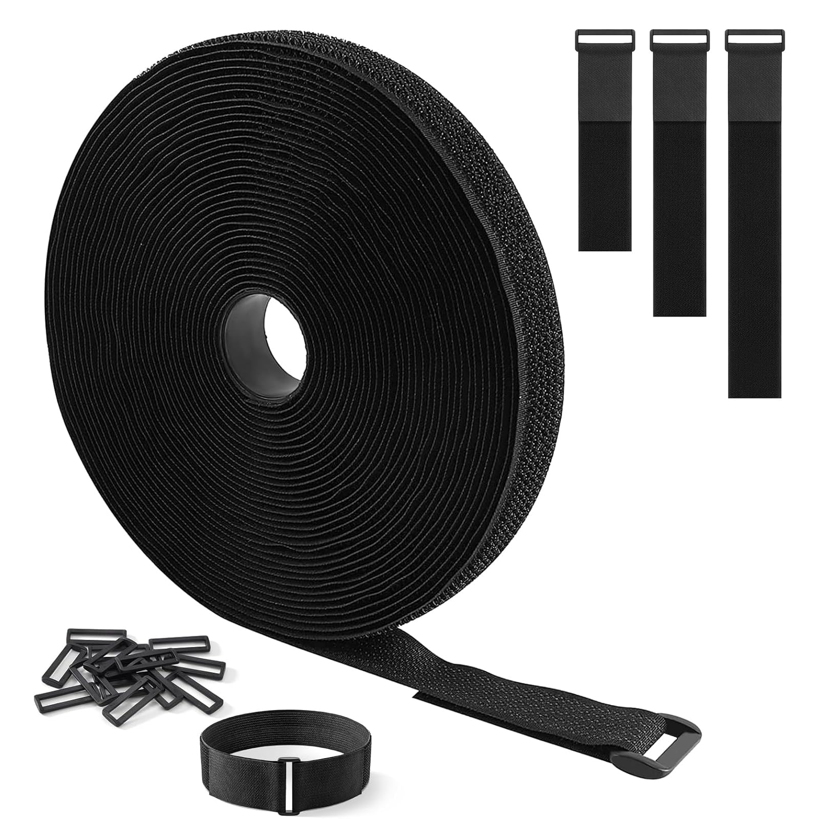 Admygo Black 2Cm * 10M Adjustable Cable Straps With 60 Buckles, Cut-To-Length Hook And Loop Strips, Reusable Fastening Cable Ties For Cable Tidy, Wire Management, Cord Organiser (Black)