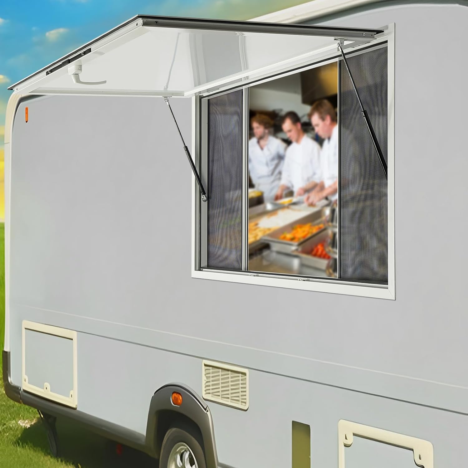 Concession Window for Food Trucks 60 x 36 Inch, Aluminum Alloy Food Truck Window Up to 85 Degrees with 4 Horizontal Sliding Screen, Concession Stand Serving Window for Food Trucks