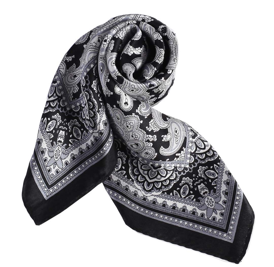 ANDANTINO 100% Mulberry Silk Square Neckerchief 21in Black & White Paisley S