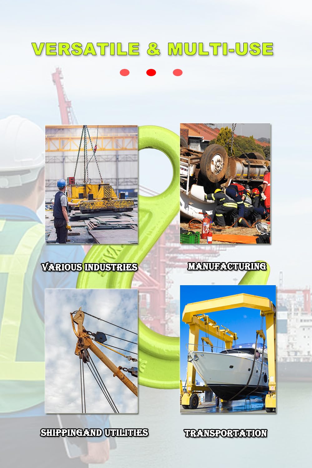 Ganci per sollevamento pesanti, con grande apertura, confezione da 4 pezzi, in acciaio legato G80, per sollevamento di attrezzature, trasporto portuale, lavori di costruzione, confezione da 4