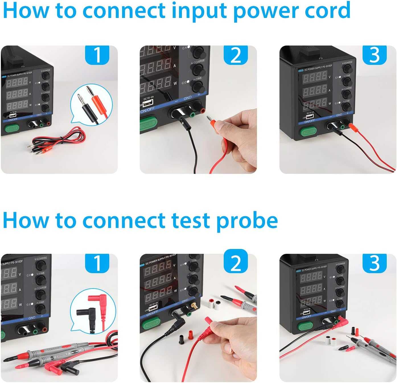 DC Power Supply, Dr.meter 30V/10A Multifunctional and Switching DC Regulated Power Supply with 4-Digits LED Display and 5V/2A USB Interface, Alligator Leads US Power Cord for Laboratory, 3 Terminals